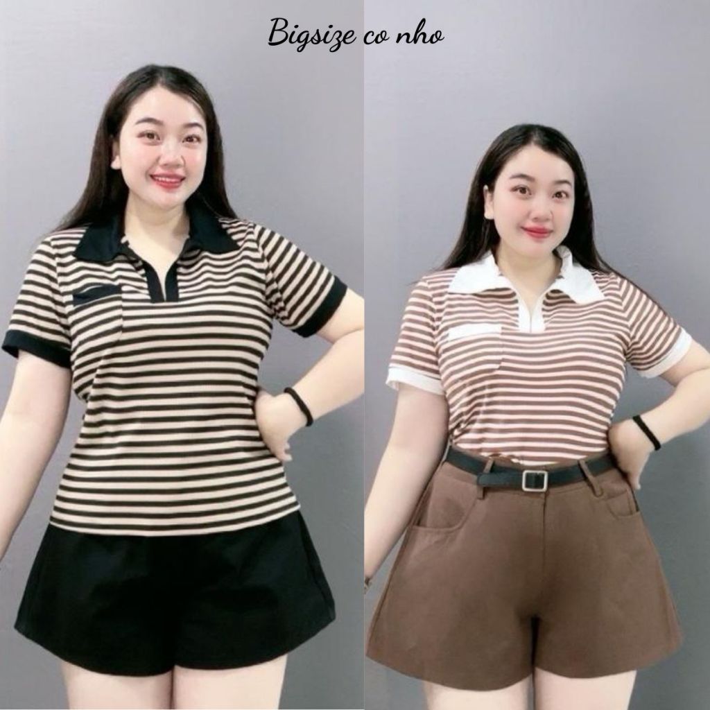 เสื้อยืดแขนสั้นผู้หญิงไซส์ใหญ่คอปกเปิดกลาง ยางยืดลายทาง ใส่แล้วเท่เรียบหรู - ซีบี สังคม