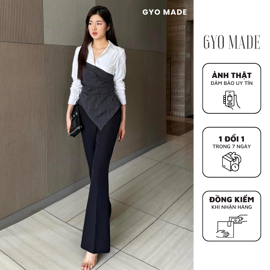 GYOMADE กางเกงขายาวสํานักงานบานสีดํา/ครีมสําหรับผู้หญิงทําจากวัสดุเกาหลีที่มีเสน่ห์คลาสสิก | GQ002