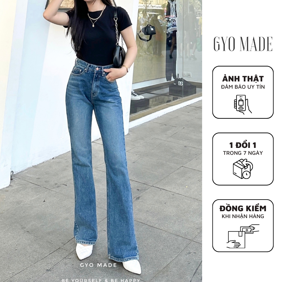 GYOMADE กางเกงยีนส์ขาบานอ่อนผู้หญิงเอวสูงแบนเข้ารูปสไตล์อ่อนเยาว์ | GQ013B