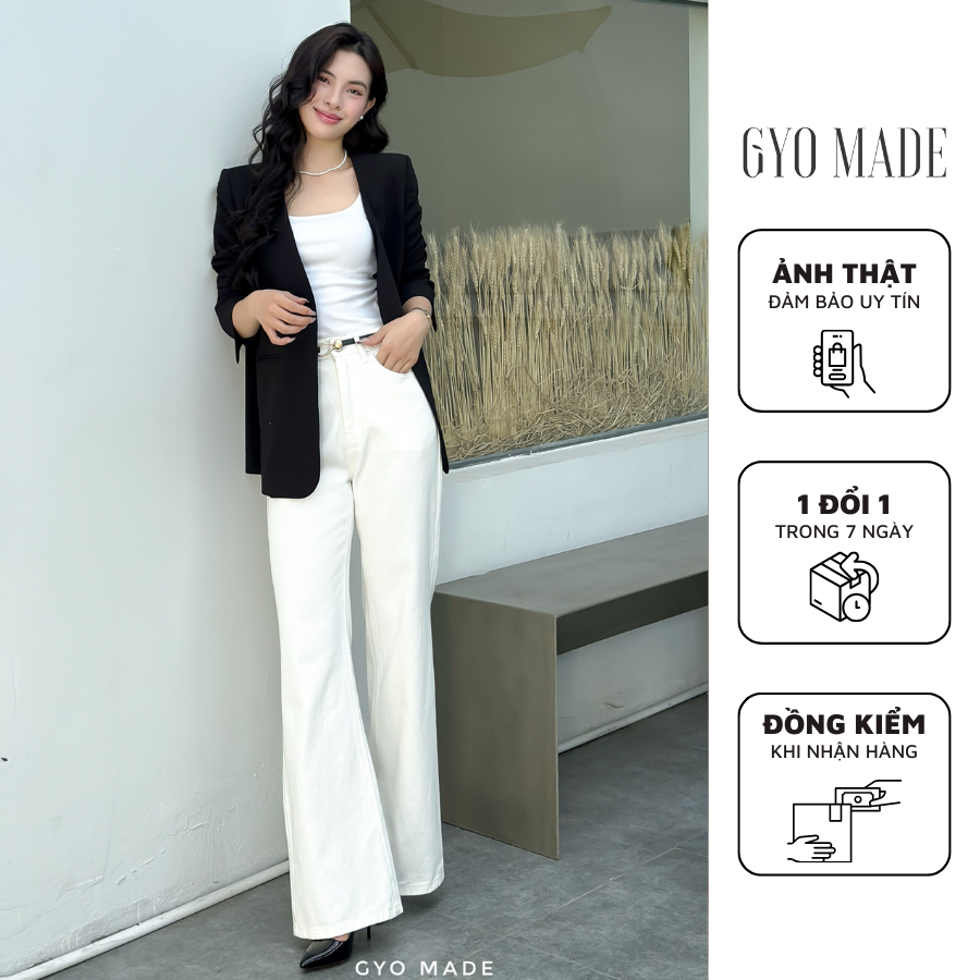 GYOMADE กางเกงยีนส์สีขาวผู้หญิงเอวสูง แฟลต เข้ารูป ผ้าฝ้ายยืดเล็กน้อย | GQ014