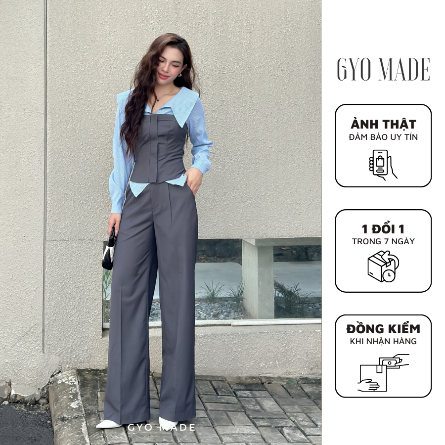 GYOMADE กางเกงขากว้างสีเทาผู้หญิงเอวสูง แฟลต วัสดุ Ford Cotton นุ่ม อยู่ทรงดี GQ001G