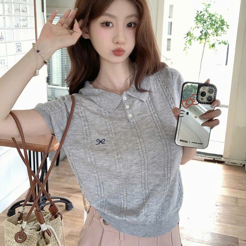 เสื้อโปโลขนสัตว์ยืดหยุ่น,เสื้อกันหนาวคอปกเปิดลงถักพร้อมแขนหลวม,ผูกโบว์น่ารัก,เย็บปักถักร้อยเชือกบิด,