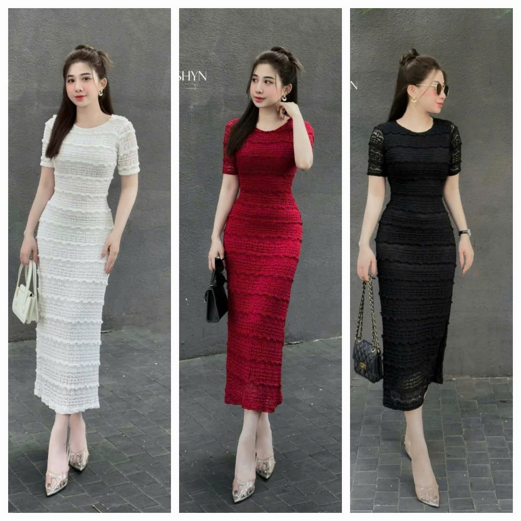 เดรสยาว-ชุดเดรสดีไซน์หรูหราเรียบง่ายหรูหราใน 3 สีที่แบนเป็นพิเศษสําหรับผู้หญิงชุดเดรสลูกไม้คอกลมแขนสั้นและกอดร่างกาย