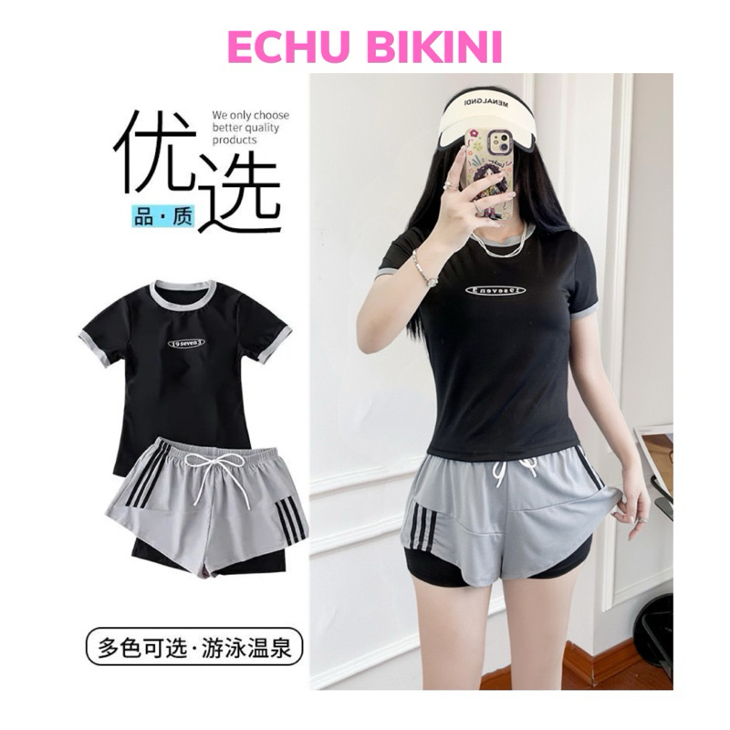 (M, L, XL, XXL) ECHU ชุดว่ายน้ําครีมกันแดด 2 ชิ้นว่ายน้ํา, กางเกงคอนซีลเลอร์ 2 ชั้น