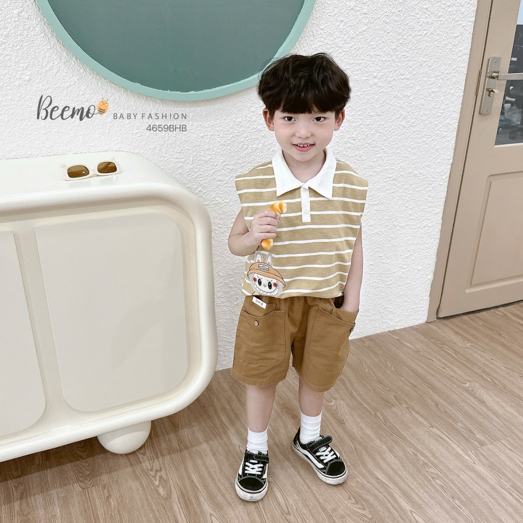 Beemo three-hole Set แถบแนวนอนพิมพ์ลาย Labubu in ผ้าคอตตอนเท่ๆ สําหรับเด็กผู้ชาย ตั้งแต่ 9-24kg 4659