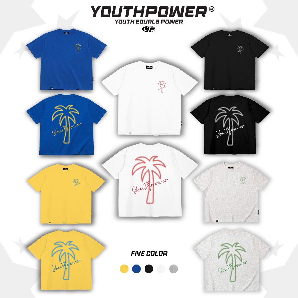 Big Boxy YOUTHPOWER COCONUT TREE เสื้อยืดหลวมสําหรับผู้ชายและผู้หญิงรอบคอผ้าฝ้ายวัสดุผ้าไหมพิมพ์แบรน