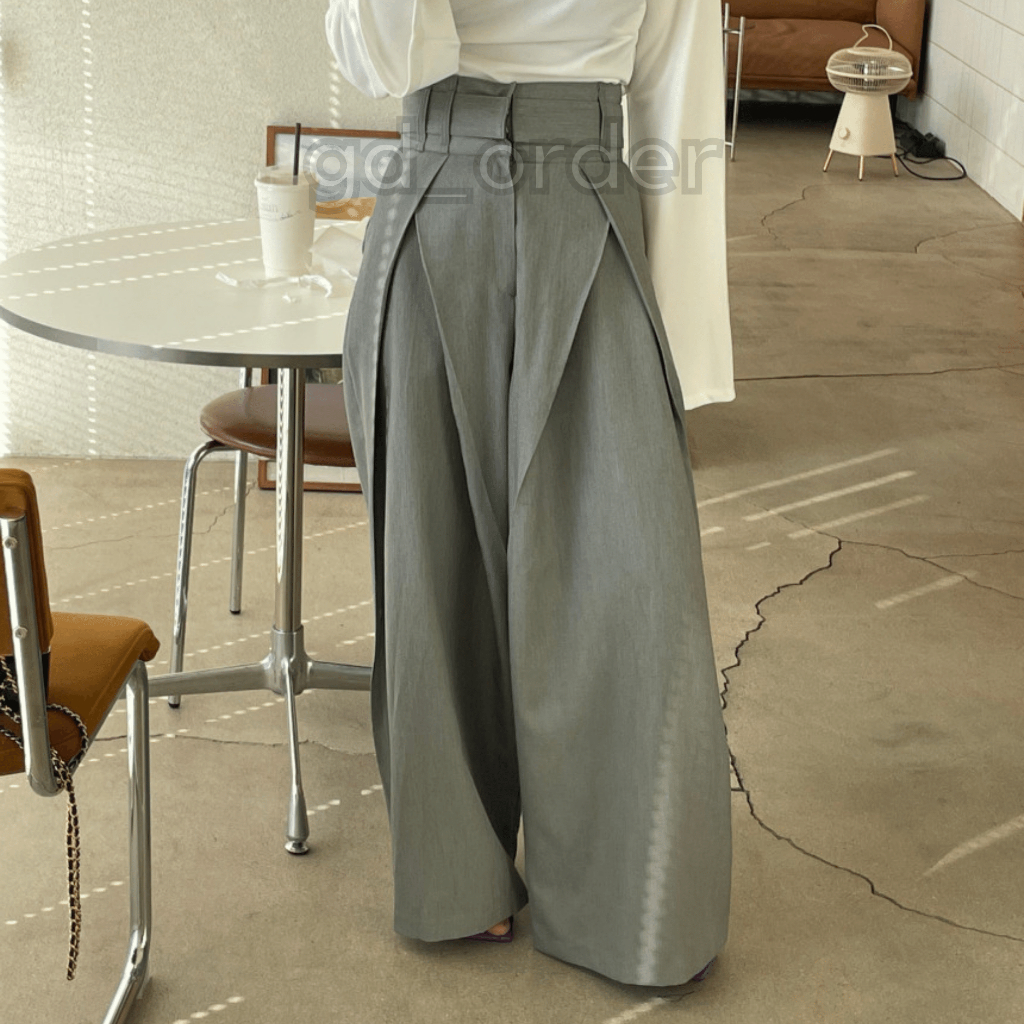 Q47|กางเกงขากว้างเอวสูงดีไซน์จีบเรียบๆ gdorder