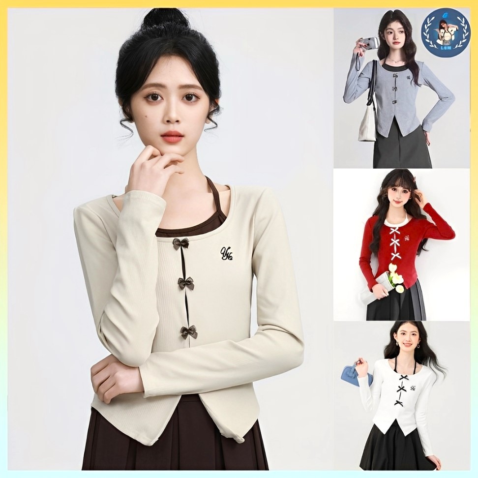 [A364] เสื้อสเวตเตอร์ถักผู้หญิง 3-BOW LINING คอปกผ่าแขนยาวสุดหรู - L2M