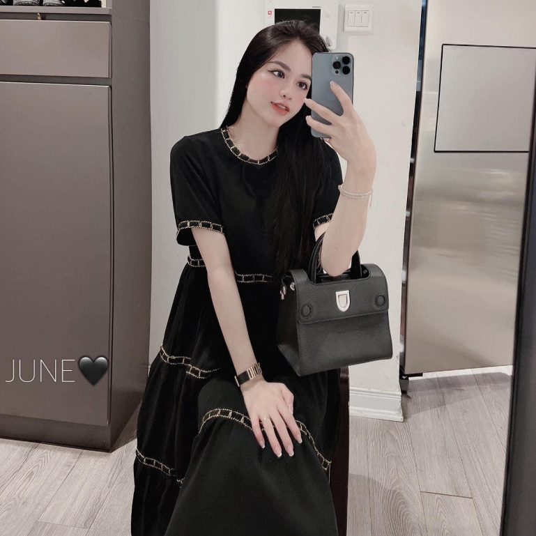 ชุดคลุมท้องฤดูร้อนแขนยาวสวยๆคอกลมสีดําและลูกไม้สําหรับแฟชั่นสํานักงานหรูหรา