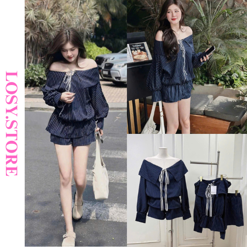 ชุดเซ็ตผู้หญิง เสื้อปาดไหล่ลายทางสีน้ําเงินคอปกโบว์ เป๊ปแปมผสมกางเกงขาสั้นเทรนด์มาแรง LOSY.STORE