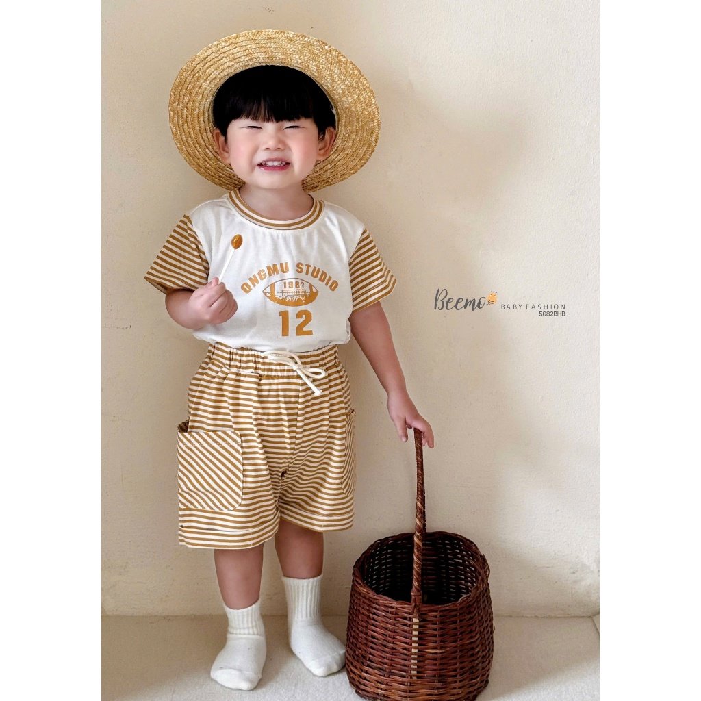 Beemo กางเกงขาสั้น ชุดแขนพิมพ์ลาย ผ้าคอตตอนเท่ๆ สําหรับเด็กผู้ชาย ตั้งแต่ 9-24kg 5082BHB