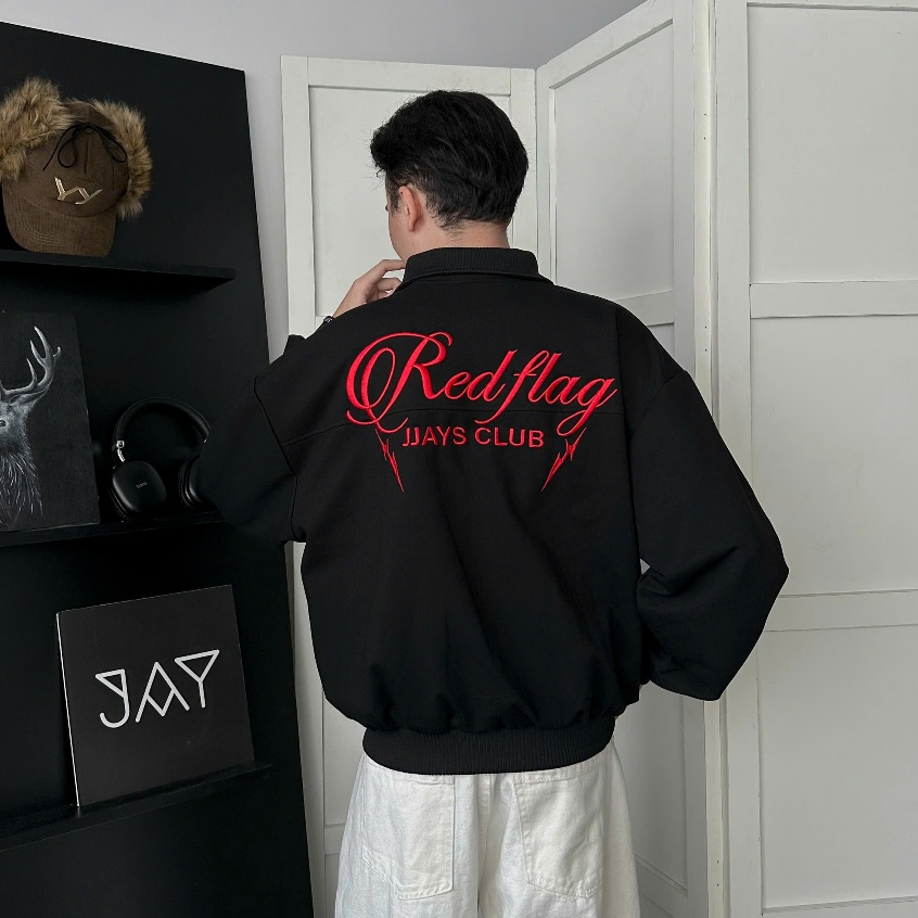 Jacket ️REDFLAG ️ Boxy SHORT คอเต่า ผ้า Pcgen มีซับในตาข่าย ทรงหลวม แบรนด์ Unisex Jaystoree