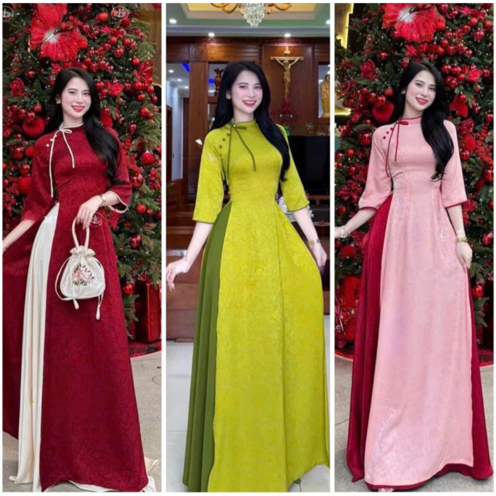 Brocade Ao Dai with Off Collar and Bow ทรงดั้งเดิม ลีบแบน และใส่ง่าย - เวียดนาม Ao Dai