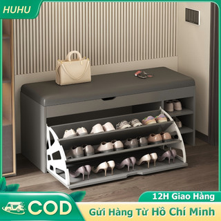 HUHU Tủ Giày Lối Vào Gỗ Cánh Lật Cao Cấp Kết Hợp Nệm Ghế Ngồi Kệ Ghế 3 Ngăn Có Hộc Đựng Đồ