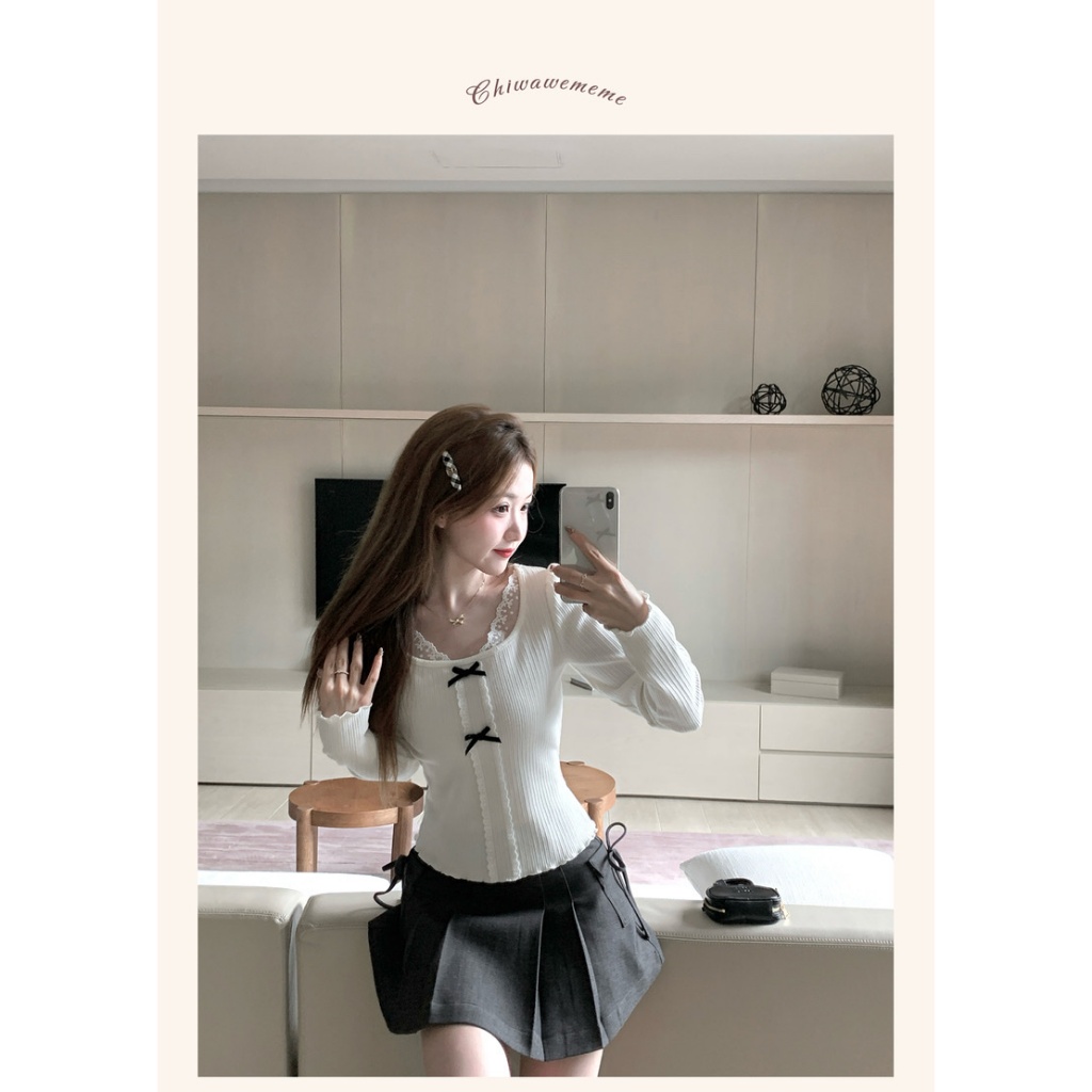 Set เสื้อยืดคอปกสี่เหลี่ยมลูกไม้และกระโปรงจับจีบ 2 กระเป๋า (มีขนาดใหญ่) UnihomeClothing CV244