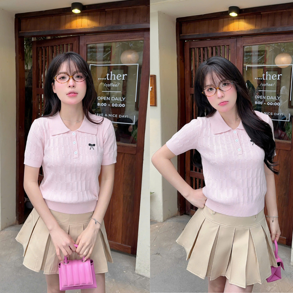 [KOL] เสื้อสเวตเตอร์แขนสั้นฤดูร้อนคอปกโปโลเชือกสั้นปักโบว์ PL06 office lady DELIZ