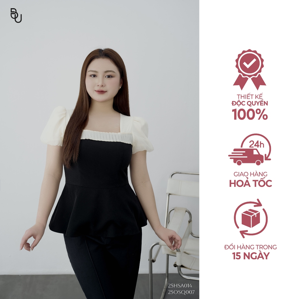 เสื้อ Peplum คอปกจับจีบ แขนสีเบจ BIGSIZE – 25HSA014 - [BUstu Bigsize]