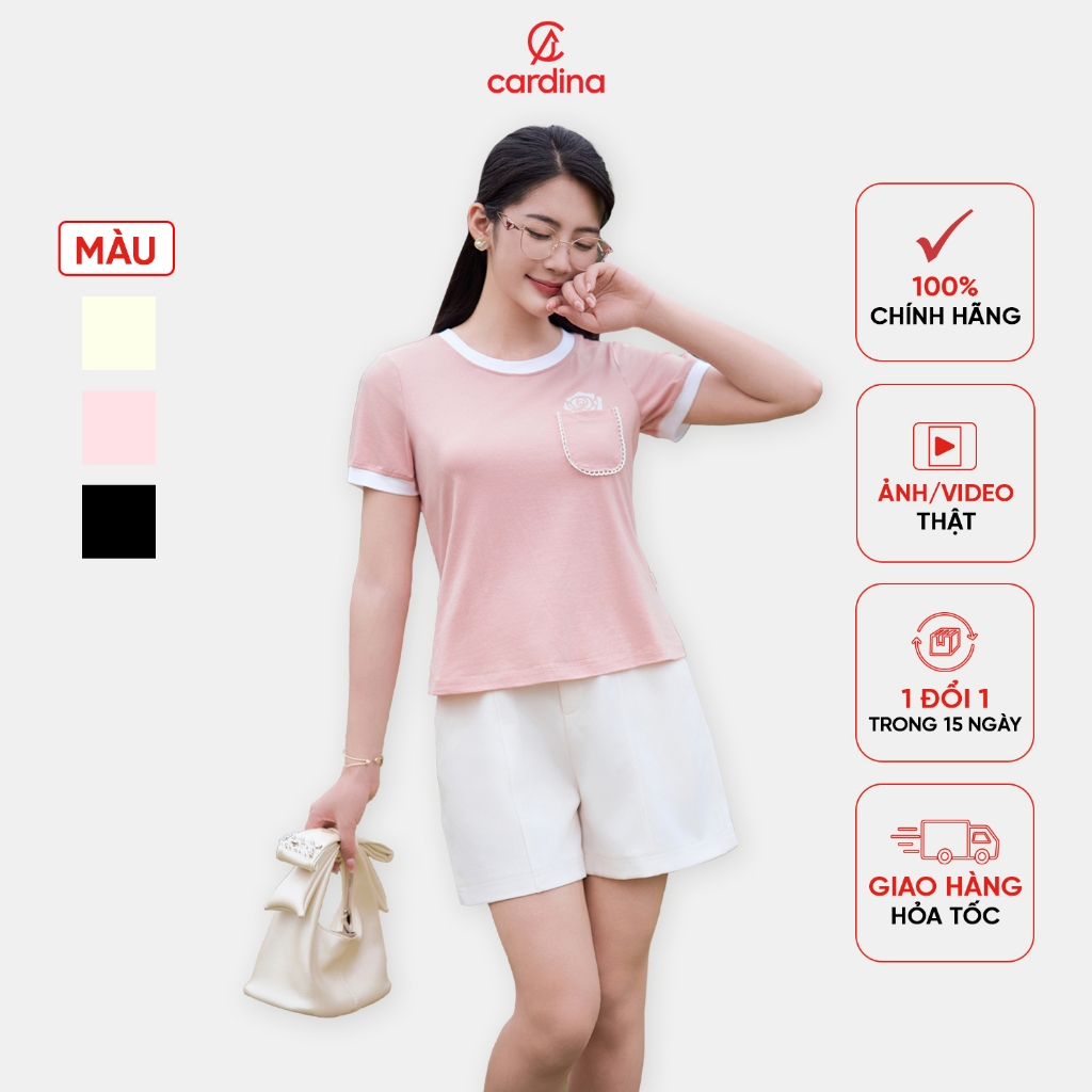 เสื้อยืดผู้หญิง CARDINA ผ้าคอตตอนคอกลมมีกระเป๋าอก 5ATC13