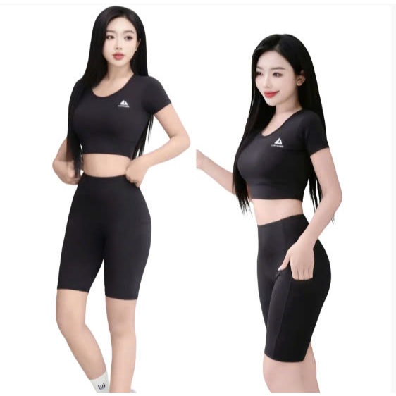 Gym Yoga Running Shorts Blazer Set, ชุดกีฬาผู้หญิง, กางเกงขาสั้น TCSport Crochet Top มีกระเป๋า (Ng02