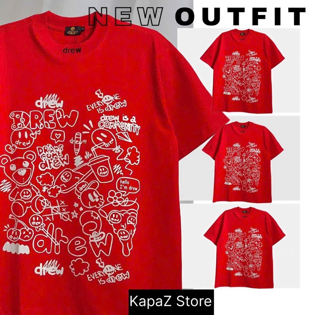 Drew Smiley Face เสื้อยืดแขนสั้น Unisex สีแดง Cotton 100% - KapaZ Store