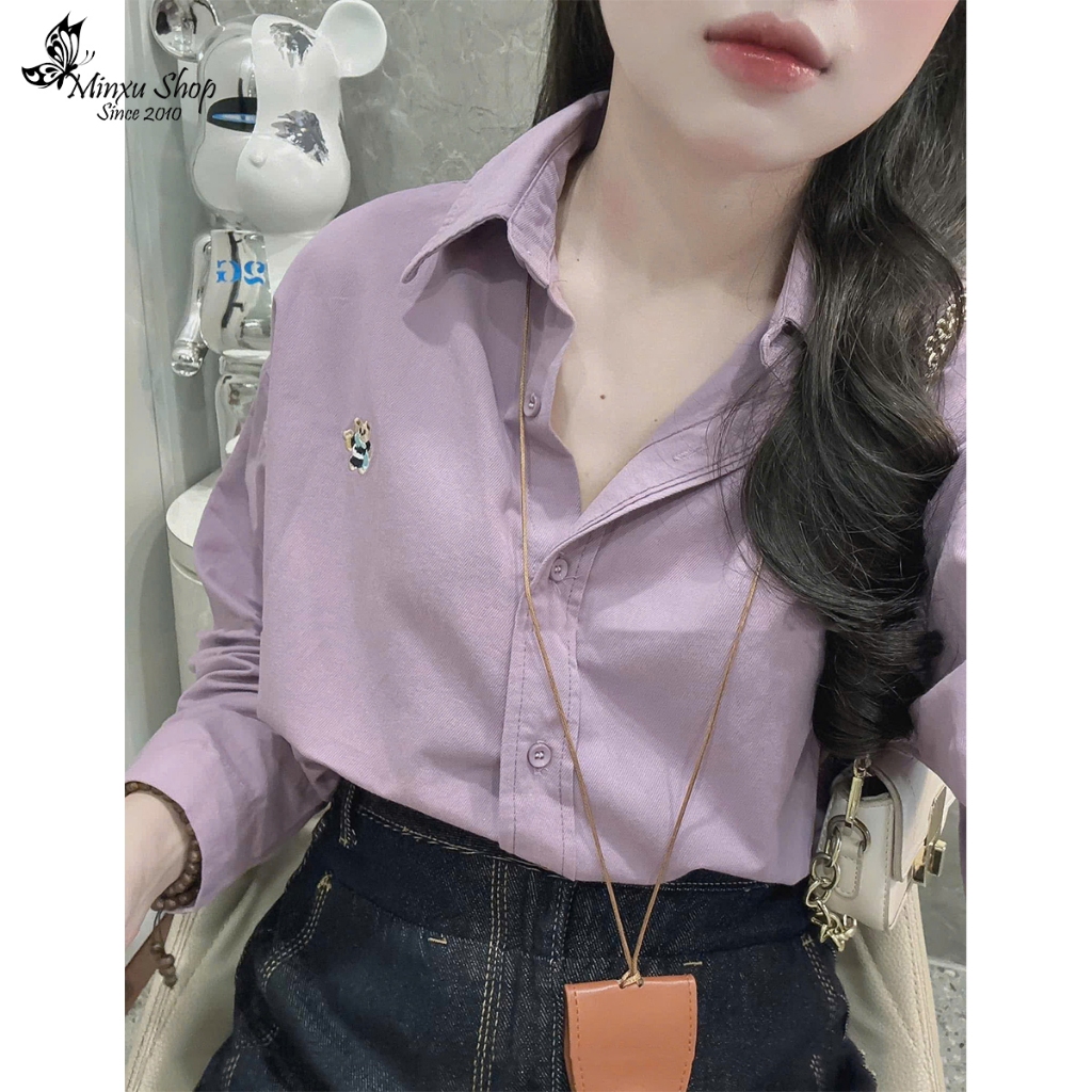 Mac GiGi เสื้อเชิ้ตปักลายหมีน่ารักแขนยาววัตถุดิบนุ่ม QC Minxu Shop SOM17