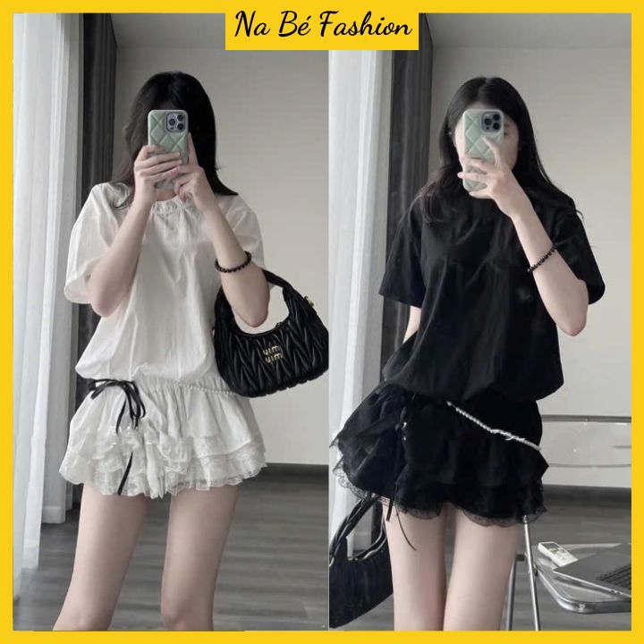 [PANT INCLUDED] เซตจั๊มสูทกระโปรงลูกไม้และสายมุกหรูหรา NA44
