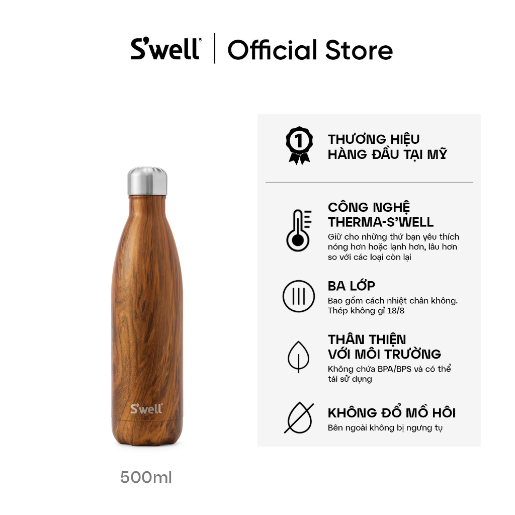 Swell Swell Tyakwood Traveler กระติกน้ําร้อน ความจุ 500ml, WWB-TEAK01EU