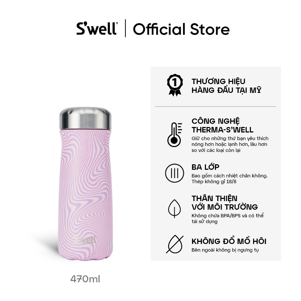 Swell Lavender Swirl Traveler Thermos Bottle, 470ml Lavender Charm, SWTRAVLVSWEU