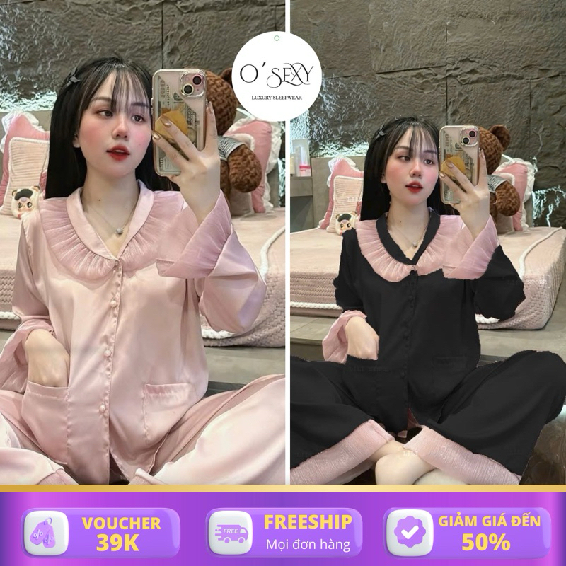 โอสซี่ ชุดนอนสตรี,ชุดเลดี้แขนยาวปกบัวชีฟองผสมผ้าไหมละตินนุ่มฟรีไซส์