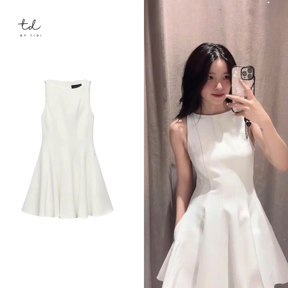 ชุดเดรสผู้หญิง Zara สั้น บาน เรียบหรู แขนกุด คอปาดสีขาว active lady BTD319