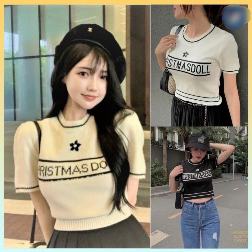 เสื้อกันหนาวผู้หญิงเสื้อสเวตเตอร์เสื้อครอปแขนสั้นคอกลม การควบคุมคุณภาพ สไตล์เกาหลี สีดํา สีขาว สีเบจ – โปรปัง