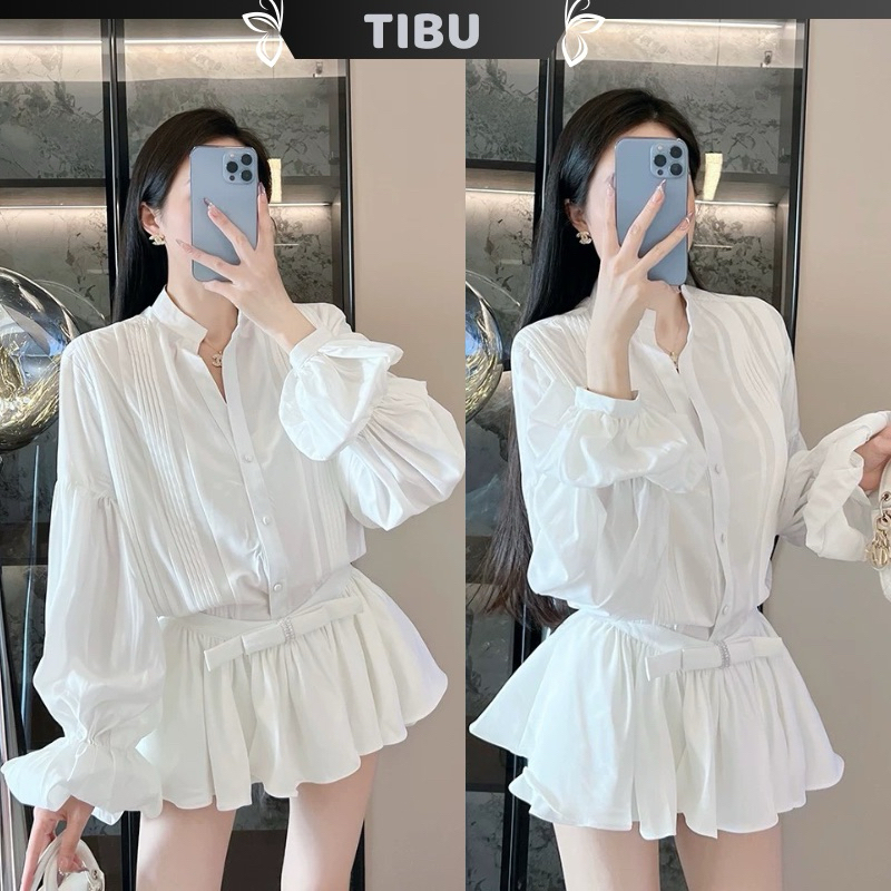 ชุดเสื้อแขนระบายผูกโบว์กระโปรงบาน ทิบู ชุดเสื้อผ้าสตรีที่เรียบง่ายและน่ารักสําหรับออกไปโรงเรียน ข396
