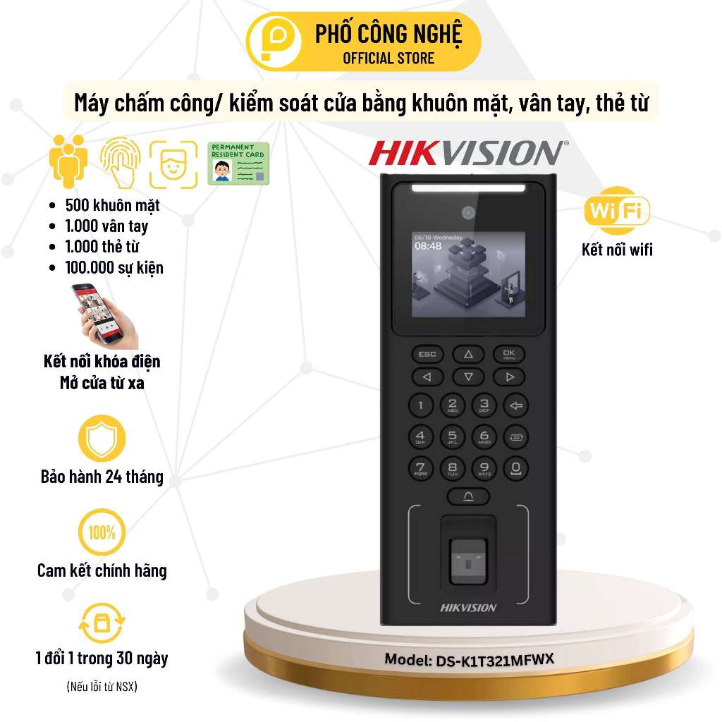 Hikvision DS-K1T321MFWX เครื่องตั้งเวลาบนใบหน้า พร้อม wifi เวียดนาม เอาต์พุต Excel