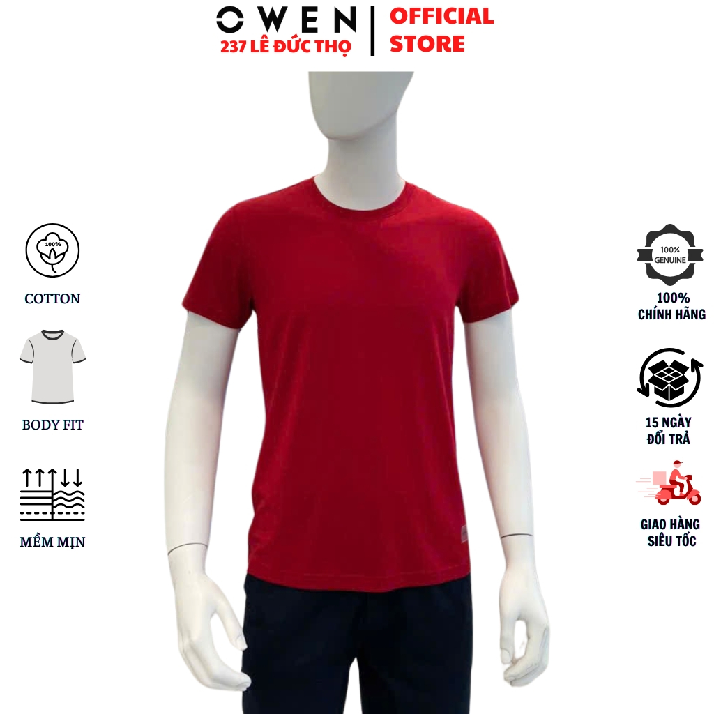 OWEN TSN เสื้อยืดคอกลมแขนสั้นผู้ชาย233250 เสื้อยืด Body fit สีแดงธรรมดาคุณภาพสูง ผ้าคอตตอนเนื้อนุ่ม