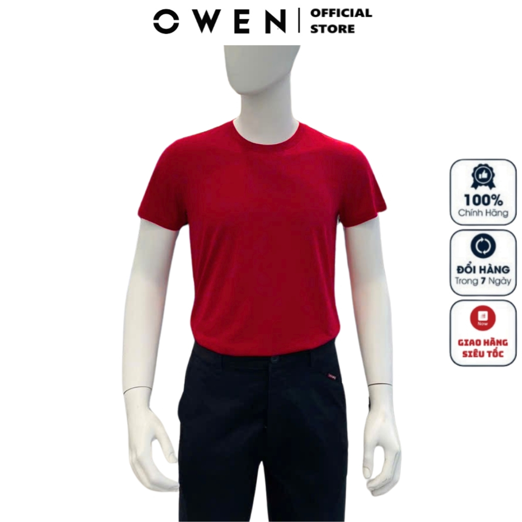 OWEN TSN เสื้อยืดคอกลมแขนสั้น233250 เสื้อยืดผู้ชายสีล้วนสีแดงผ้าคอตตอนนิ่มเสื้อยืดเข้ารูปหุ่นแบน