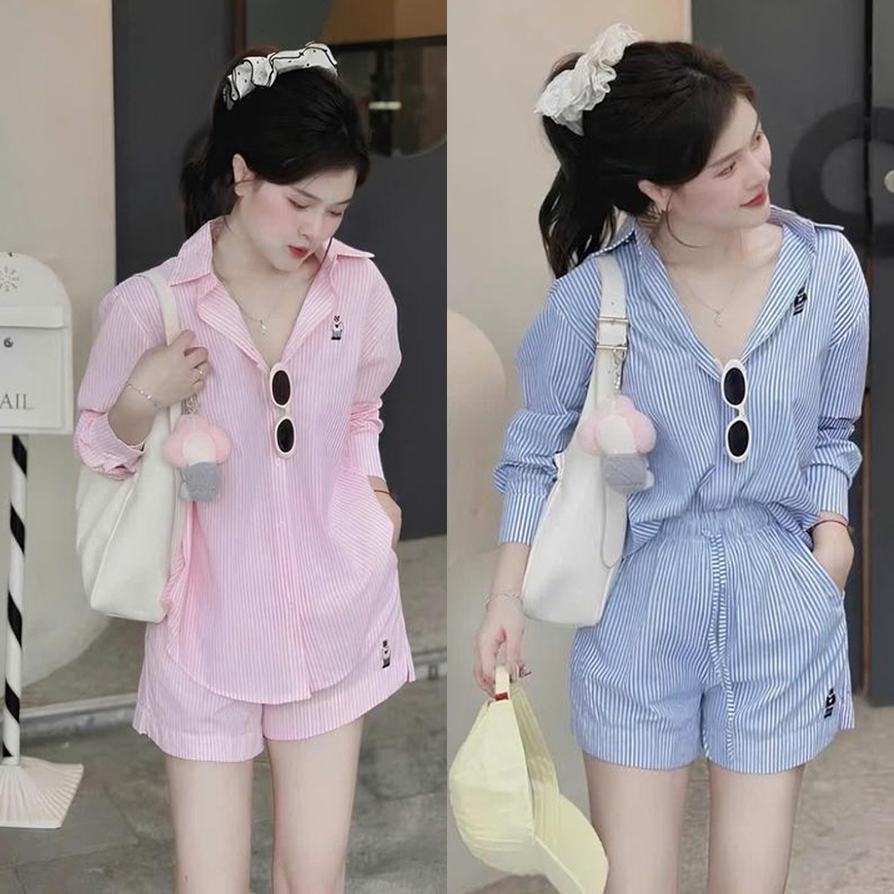 ชุดเซ็ตสูทลายสก๊อตเสื้อเชิ้ตผสมกางเกงขาสั้นปักลายหมีชุดผู้หญิงลายทางสวย