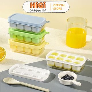Khay Làm Đá 8 Viên Kèm Nắp Đậy Hộp Đựng Chất Liệu Nhựa An Toàn Phần Đáy Silicone Lấy Đá Dễ Dàng HiGi