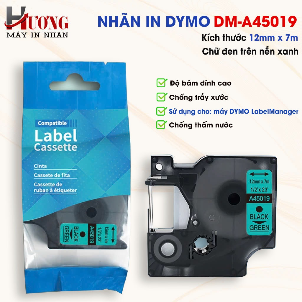 ป้าย D1 DM-A45019 - 12 มม.I ตัวอักษรสีดําพื้นหลังสีเขียว I SD สําหรับ Dymo 160/210D/280/360D/420P/50