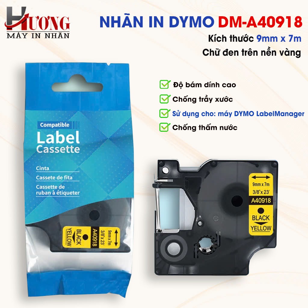 ป้าย D1 DM-A40918 - 9 มม.I ตัวอักษรสีดําพื้นหลังสีเหลือง I SD สําหรับ Dymo 160/210D/280/360D/420P/50