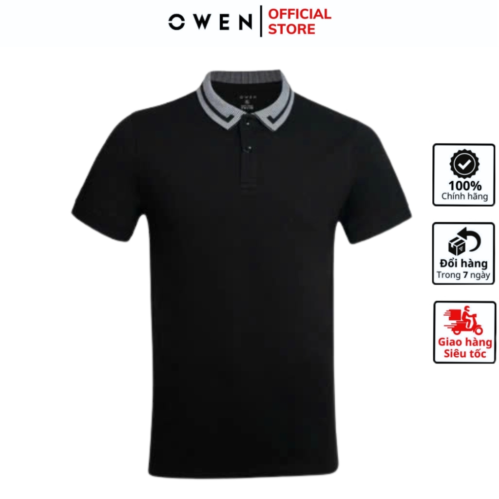 OWEN APV เสื้อยืดคอเต่า231344 โปโลแขนสั้นผู้ชายสีดําผ้านุ่มผ้าฝ้ายคุณภาพสูงออกแบบร่างกายอ่อนเยาว์