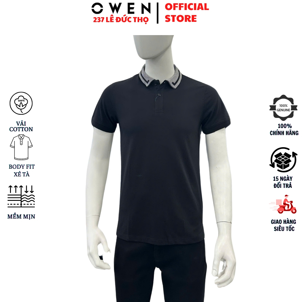 OWEN APV เสื้อยืดคอเต่า231344 โปโลแขนสั้นผู้ชายสีดําผ้านุ่มผ้าฝ้ายคุณภาพสูงออกแบบร่างกายอ่อนเยาว์