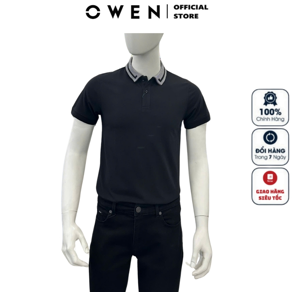 OWEN APV เสื้อยืดคอเต่า231344 โปโลแขนสั้นผู้ชายสีดําผ้านุ่มผ้าฝ้ายคุณภาพสูงออกแบบร่างกายอ่อนเยาว์