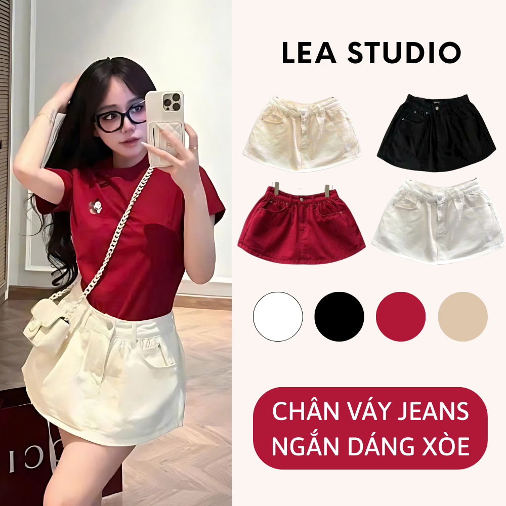 กระโปรงยีนส์บานสั้น กระโปรงยีนส์ พร้อมกางเกงป้องกัน สีขาว สีดํา ครีม สีแดง ง่ายต่อการพิกัด เลอา สตูดิโอ