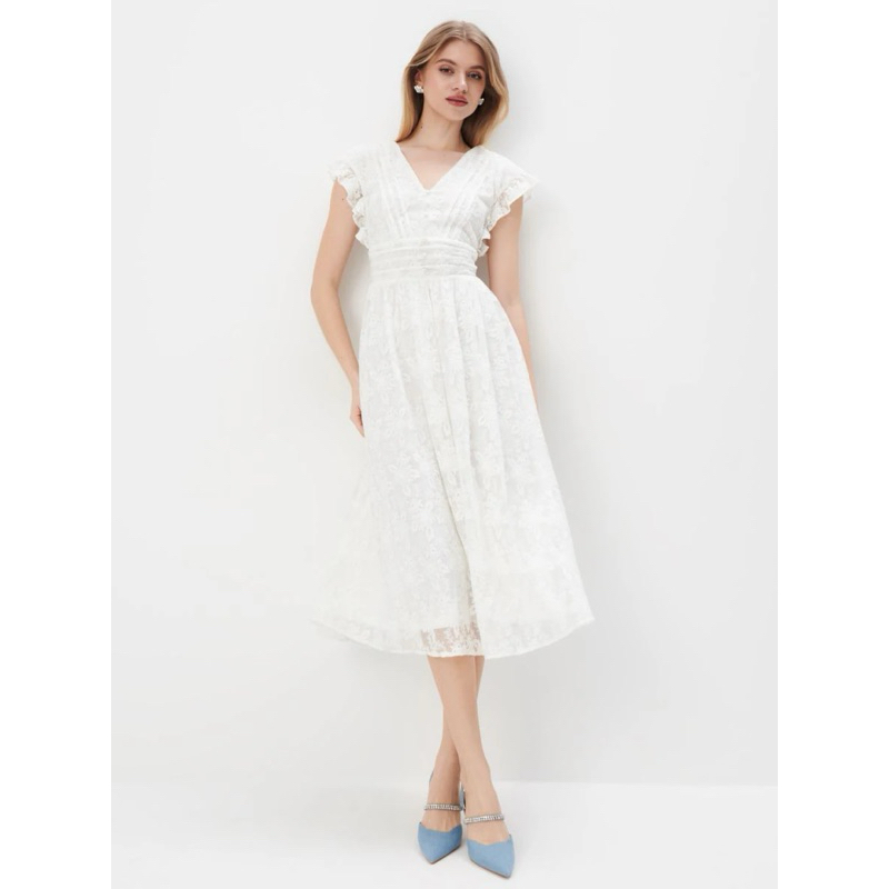 MOhito Tqxk ชุดเดรสมิดิลูกไม้สีขาว