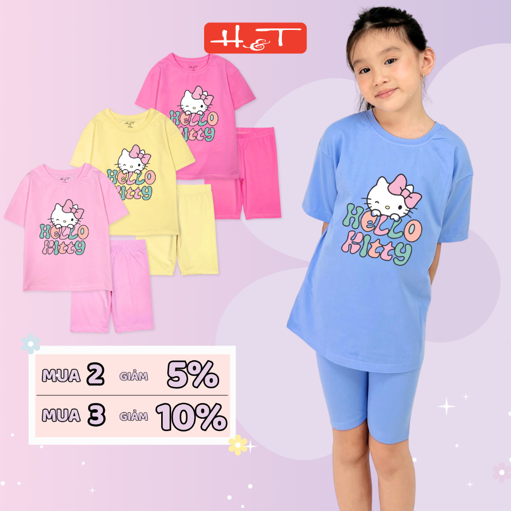 ชุดเด็กผู้หญิง Hello Kitty H&T ผ้าคอตตอนยืด 4 ทิศทาง ผ้าเนียนสวย สําหรับเด็กผู้หญิง อายุ 13-35kg-DBL