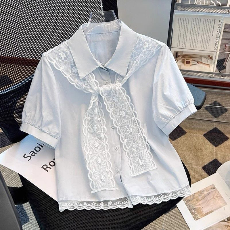 มีสีน้ําเงิน เอสเอ็ม สีขาว LXlเสื้อคอปกเยอรมันแขนสั้นผู้หญิงผสมชีฟอง SAILOR อ่อนเยาว์ รุ่นออฟฟิศย้อน