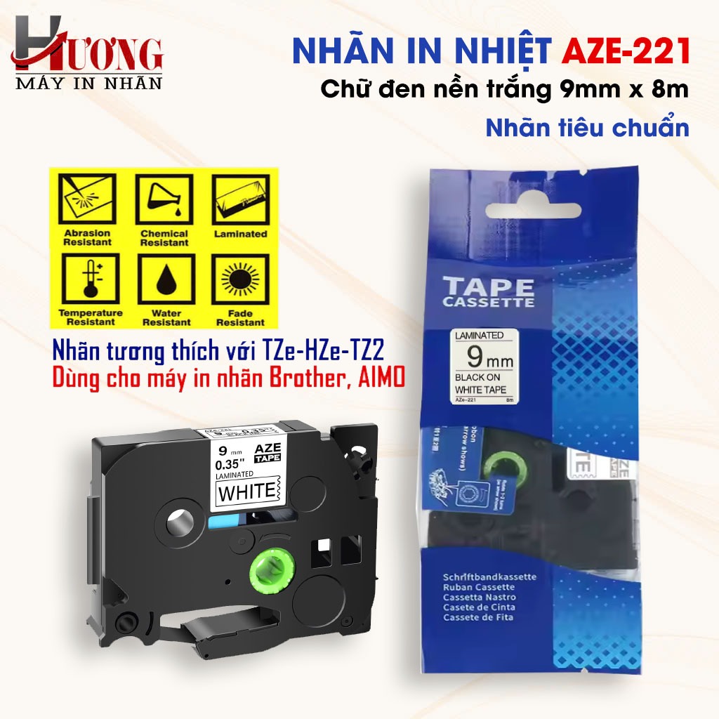 AZe-221 ป้ายพิมพ์ [9mm x 8m] ใช้ได้กับป้าย Brother TZe-221 (สําหรับ PT-E110/ PT-E300/D210/ E1000Pro.