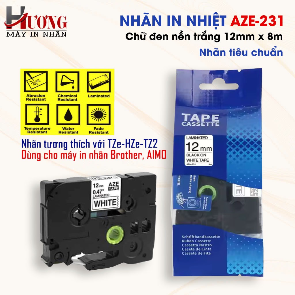 AZe-231 ป้ายพิมพ์ [12mm x 8m] ใช้ได้กับป้าย Brother TZe-231 (สําหรับ PT-E110/ PT-E300/D210/ E1000Pro