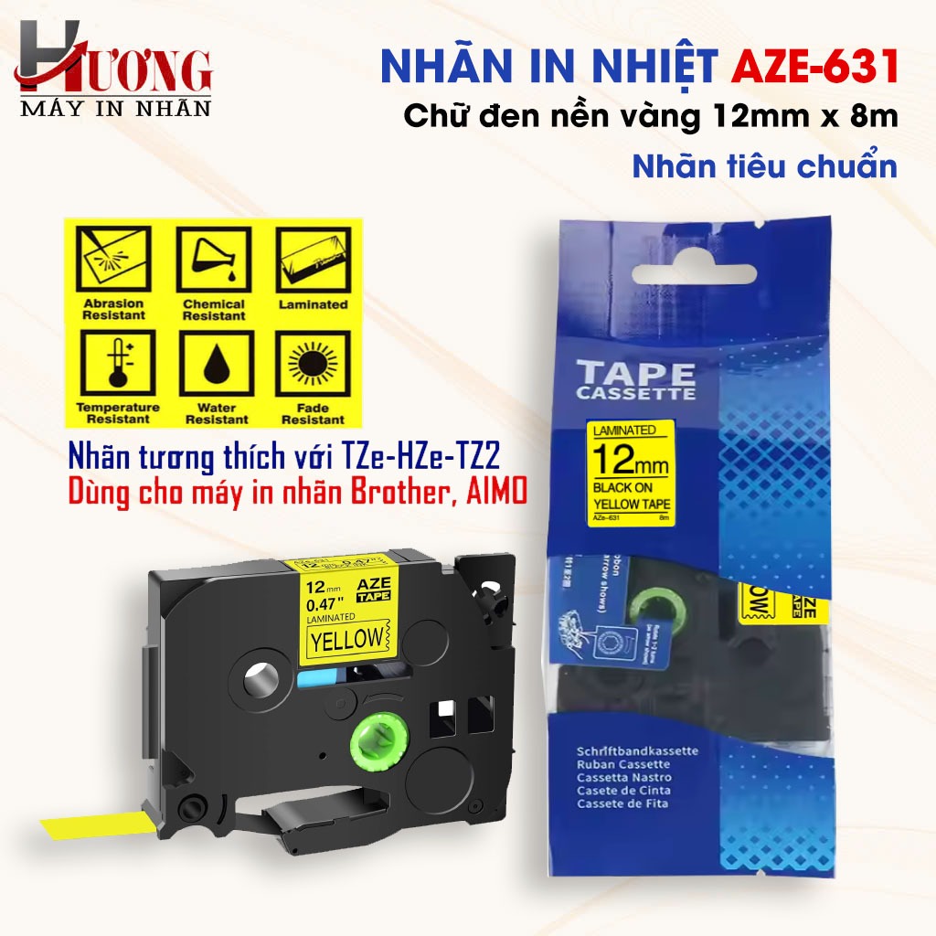 AZe-631 ป้ายพิมพ์ลาย [12mm x 8m] ข้อความสีดําบนพื้นหลังสีเหลือง เข้ากันได้กับป้าย Brother TZe-231