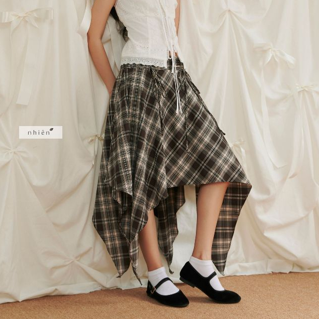 Retoro Skirt - กระโปรงลายตารางหมากรุกผู้หญิงสไตล์เกาหลีพร้อมสายรัด nhanhienvintage NCV00014